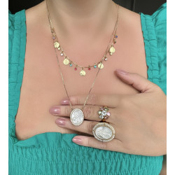 Colar Medalhas e Pedras Coloridas