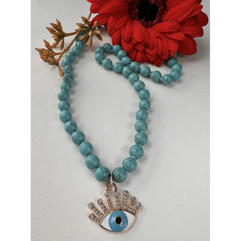 Colar Dourado com Pedra Azul Turquesa e Pingente Olho Grego