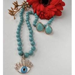 Colar Dourado com Pedra Azul Turquesa e Pingente Olho Grego