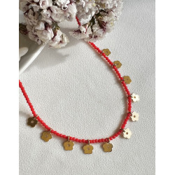 Colar Flores Douradas com Pedrinhas em Coral