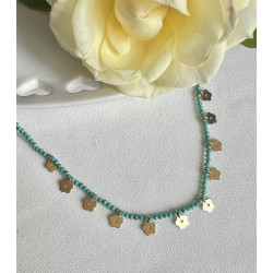 Colar Pedrinhas Verdes com Flores Douradas
